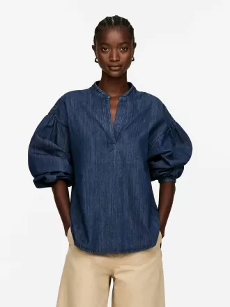 Volumen-ærmet denimbluse