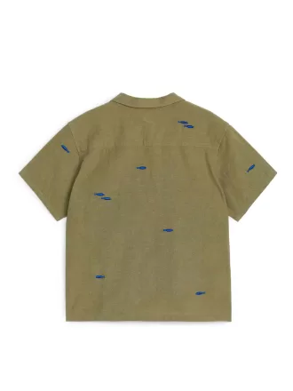 Broderet hør-bomuldsskjorte