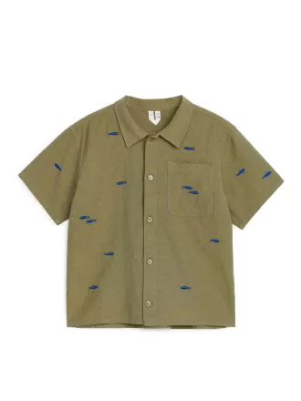 Broderet hør-bomuldsskjorte