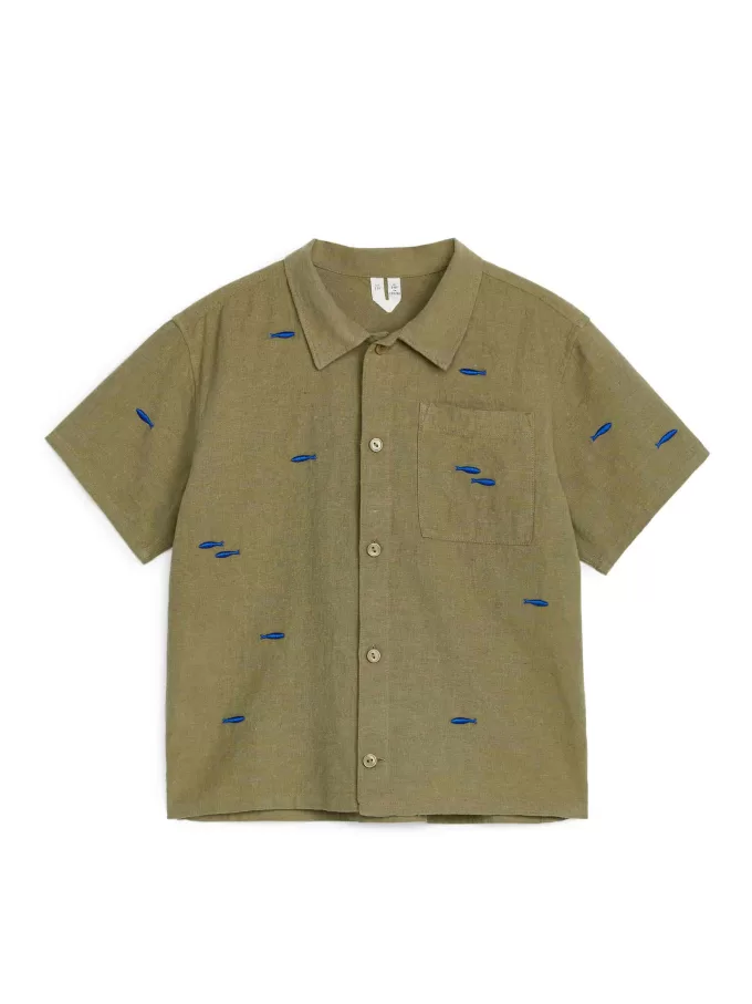 Broderet hør-bomuldsskjorte